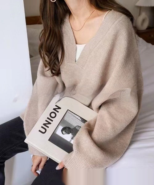 V-neck Versatile Long-sleeved Knitted Sweater