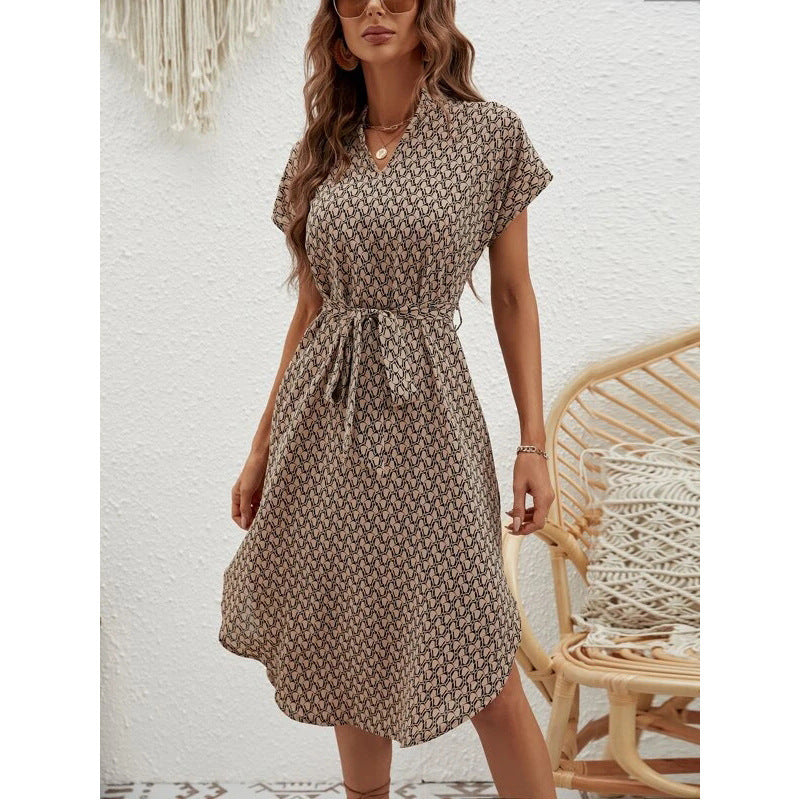 Fashion Printed Waist Control Sleeve V-neck Slim Dress