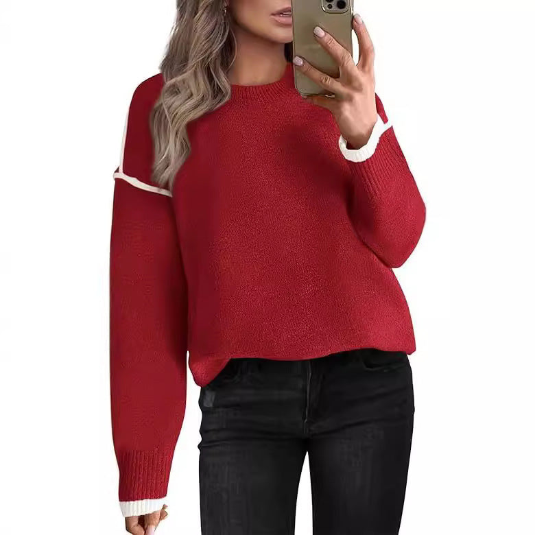 Women's Knitted Sweater With Round Neck Multicolor Cuffs