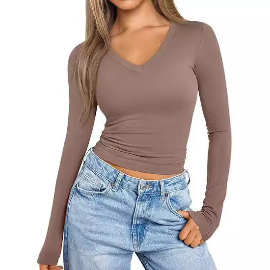 Long Sleeve Tops V-neck Slim Women's T-shirt