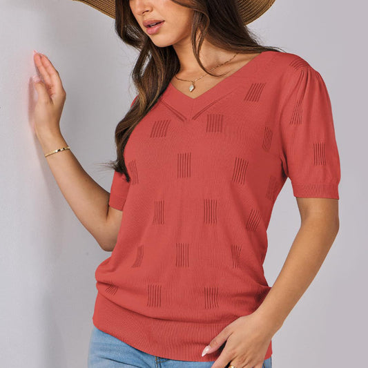 V-neck Lightweight Thin Knit Sweater With Short Sleeves