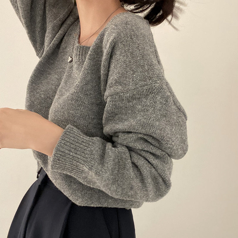 All-matching Crew Neck Pullover Sweater Solid Color Long-sleeved Knitted Top