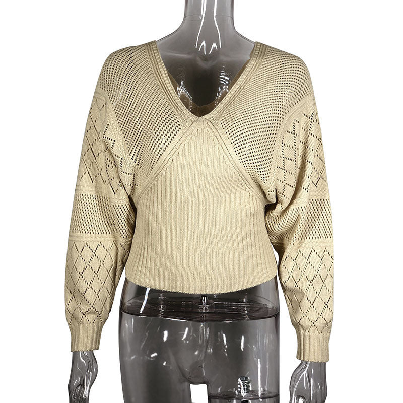 Hollow Pullover Long Sleeve V-neck Sweater For Women