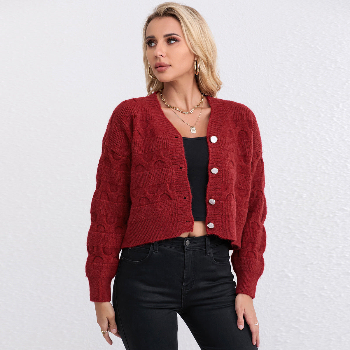 Women's Short Knitted Cardigan Fashion Long Sleeve Sweater
