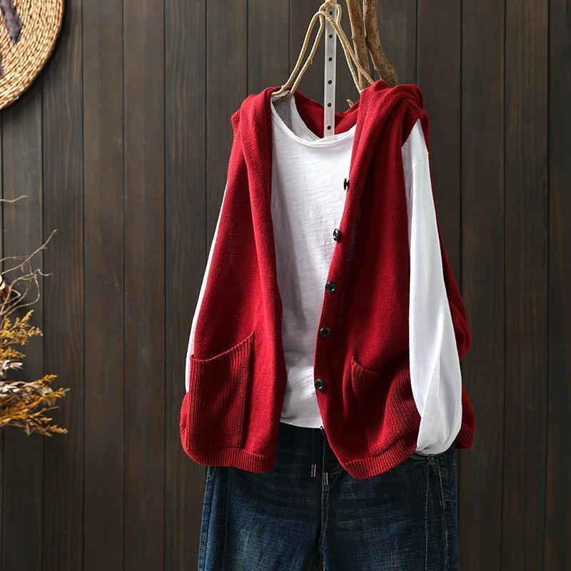 Hooded Knitted Vest Female Artistic Relaxed-fit Casual