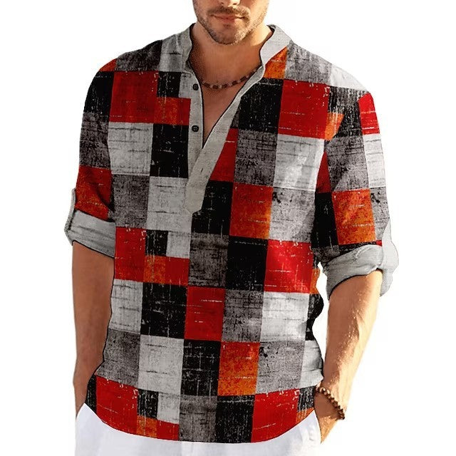 Simple Printed Stand Collar Men's Casual Shirt