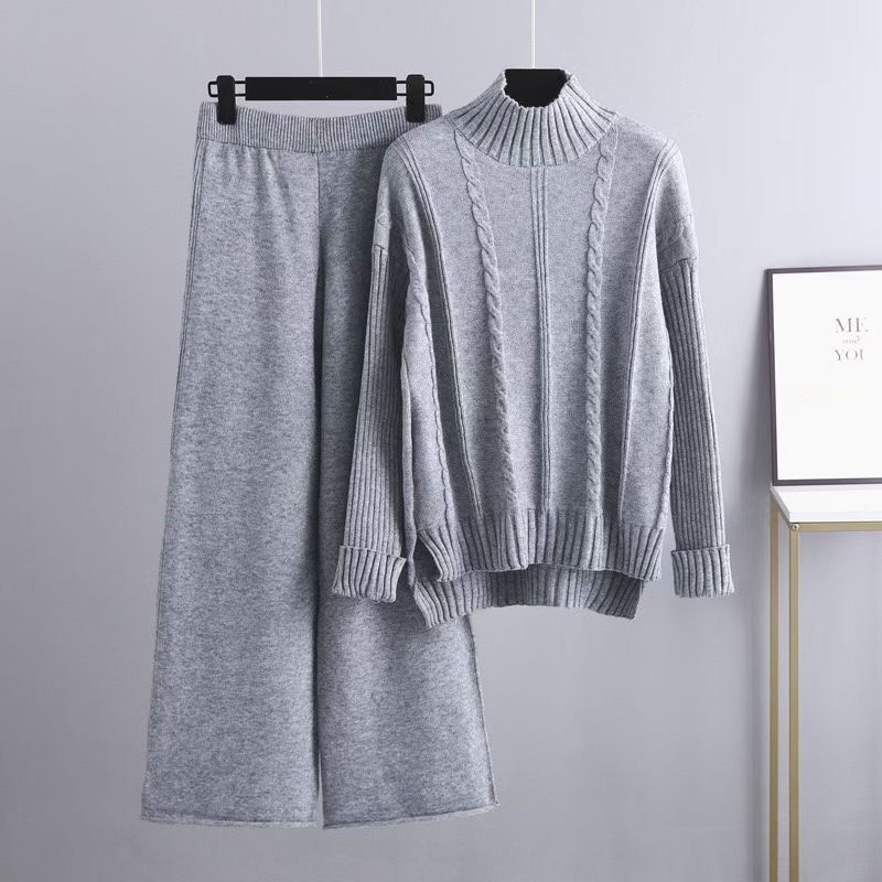 High-end Mock Neck Sweater Wide-leg Pants Suit Women