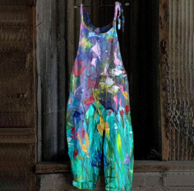 Women's Printed Street Hipster Fashion Multi-color Cotton And Linen Suspender Jumpsuit