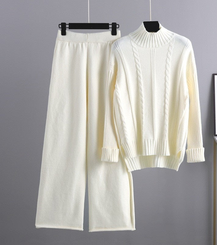 High-end Mock Neck Sweater Wide-leg Pants Suit Women
