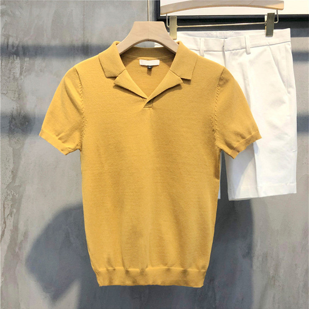 V-neck Solid Color Knitted Short-sleeved Shirt