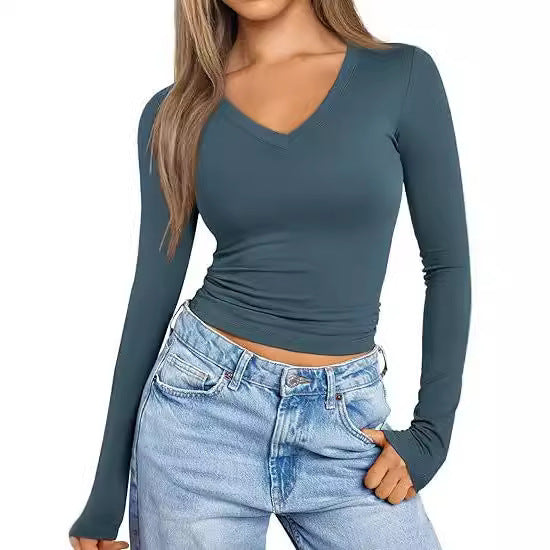 Long Sleeve Tops V-neck Slim Women's T-shirt