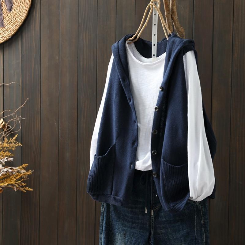 Hooded Knitted Vest Female Artistic Relaxed-fit Casual