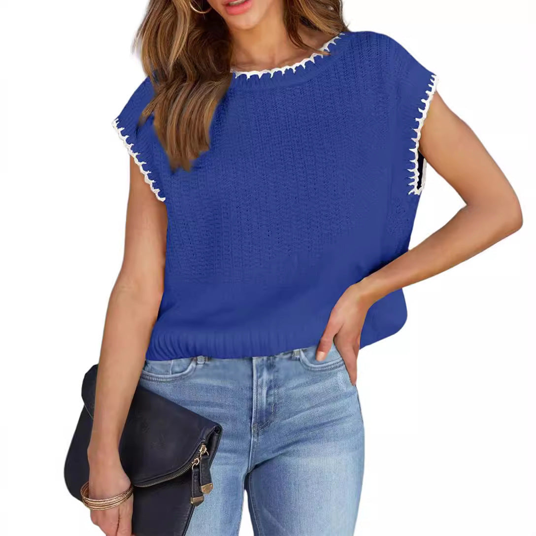 Round Neck Sweater Vest Casual Hat Sleeve Knitted Lightweight Pullover Short Sleeve