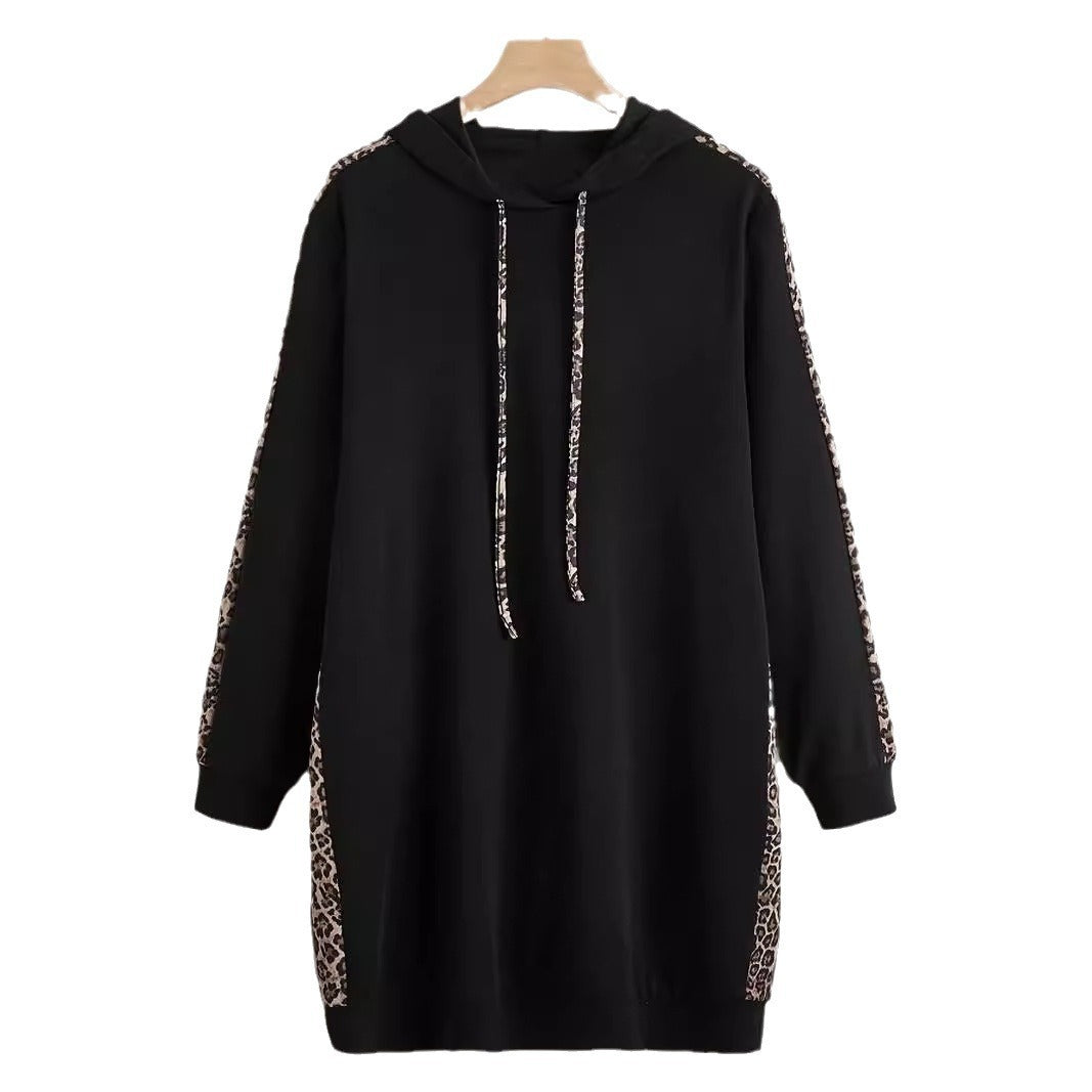 Plus Size Side Leopard Print Drawstring Hoodie