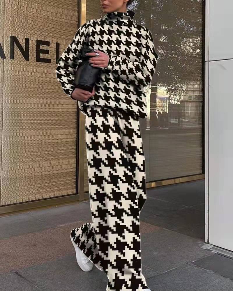 Women's Fashion Printed Loose High Collar Long-sleeved Two-piece Suit