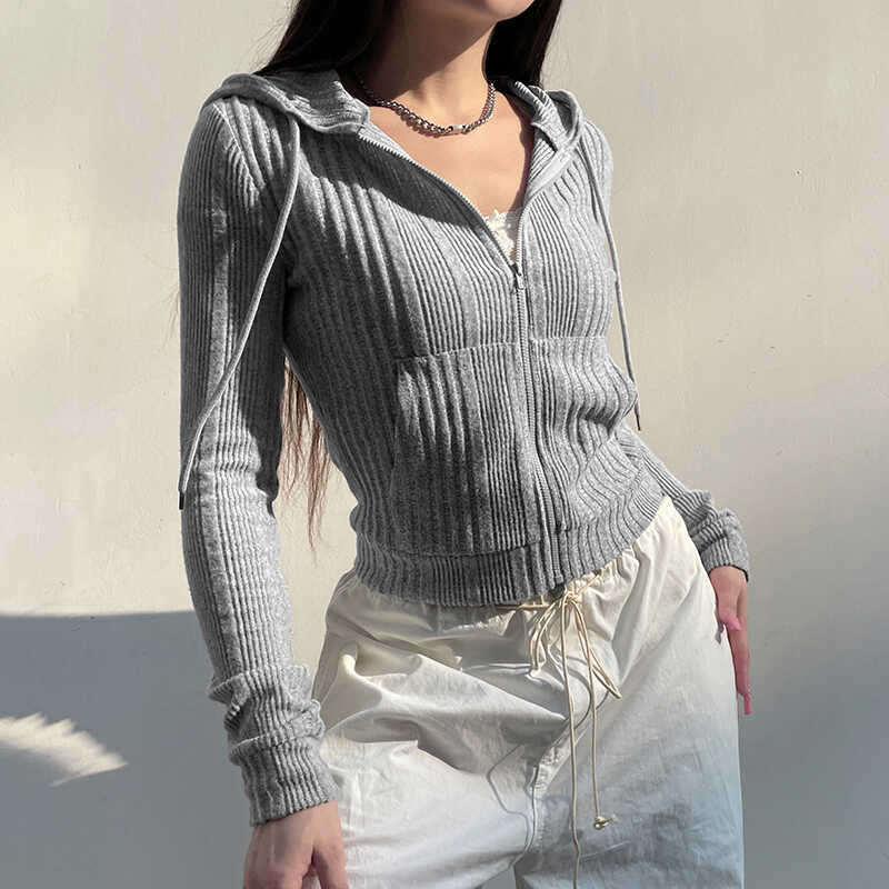 Autumn And Winter Gray With Zipper Cardigan Short Hooded Knitted Jacket