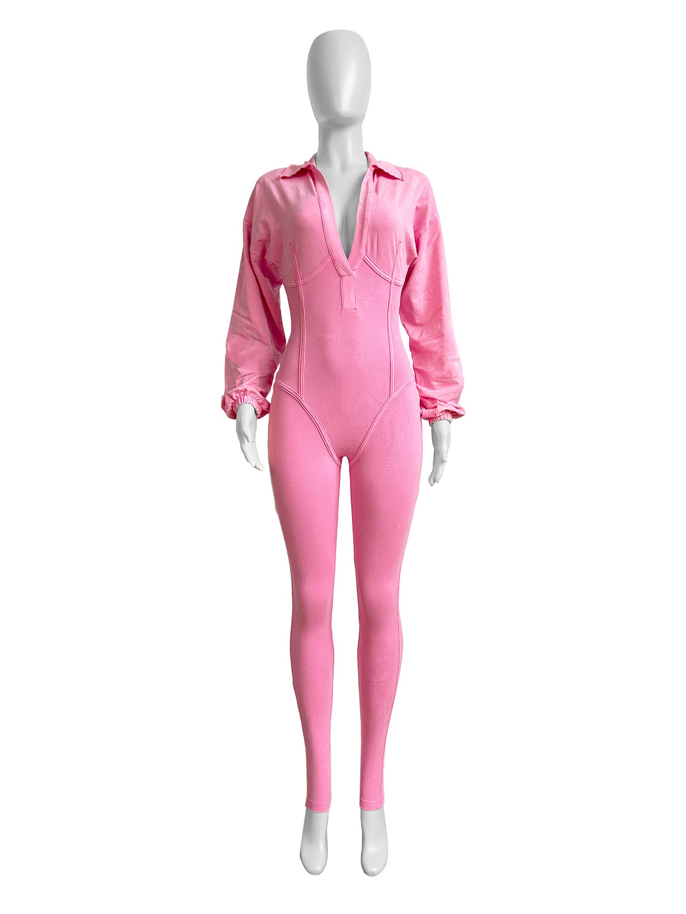 Fashion Women's Wear Washed Old Deep V Neck Tight Long Sleeve Jumpsuit