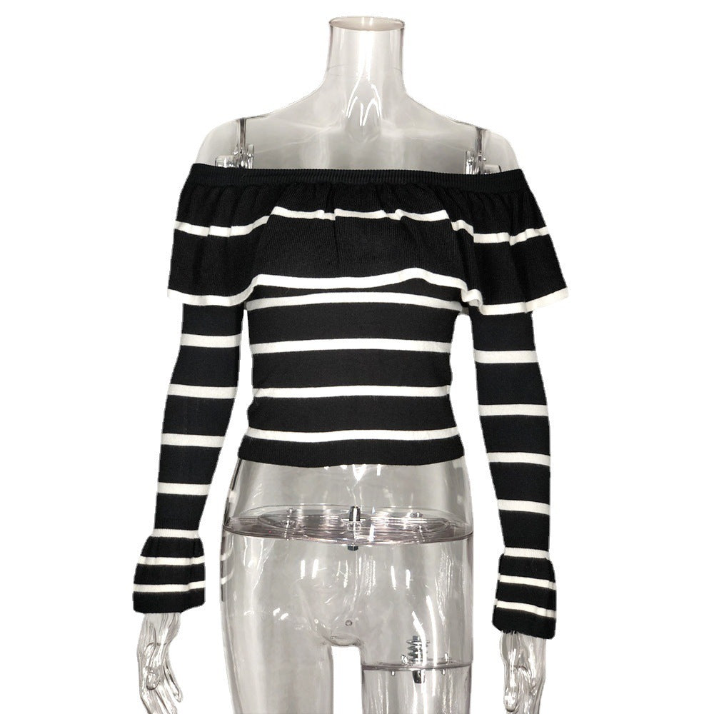 Women's Long Sleeve Pullover Top Striped Ruffles