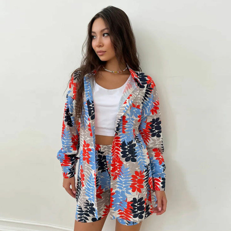 European And American Suit Women's Printed Long-sleeved Shirt Shorts Ladies