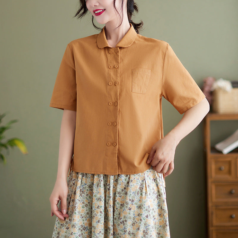 Summer New Artistic Loose Solid Color Retro Short Sleeve Shirt Top Women