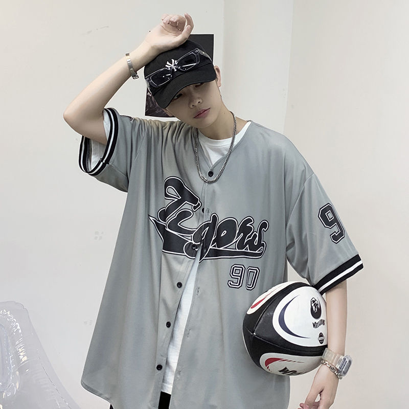 All-match Fashion Hip Hop Cardigan Baseball Uniform Short Sleeve Shirt Men