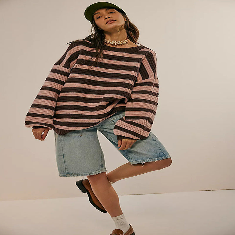 Printed Striped Long Sleeve Pullover Crew Neck Sweater