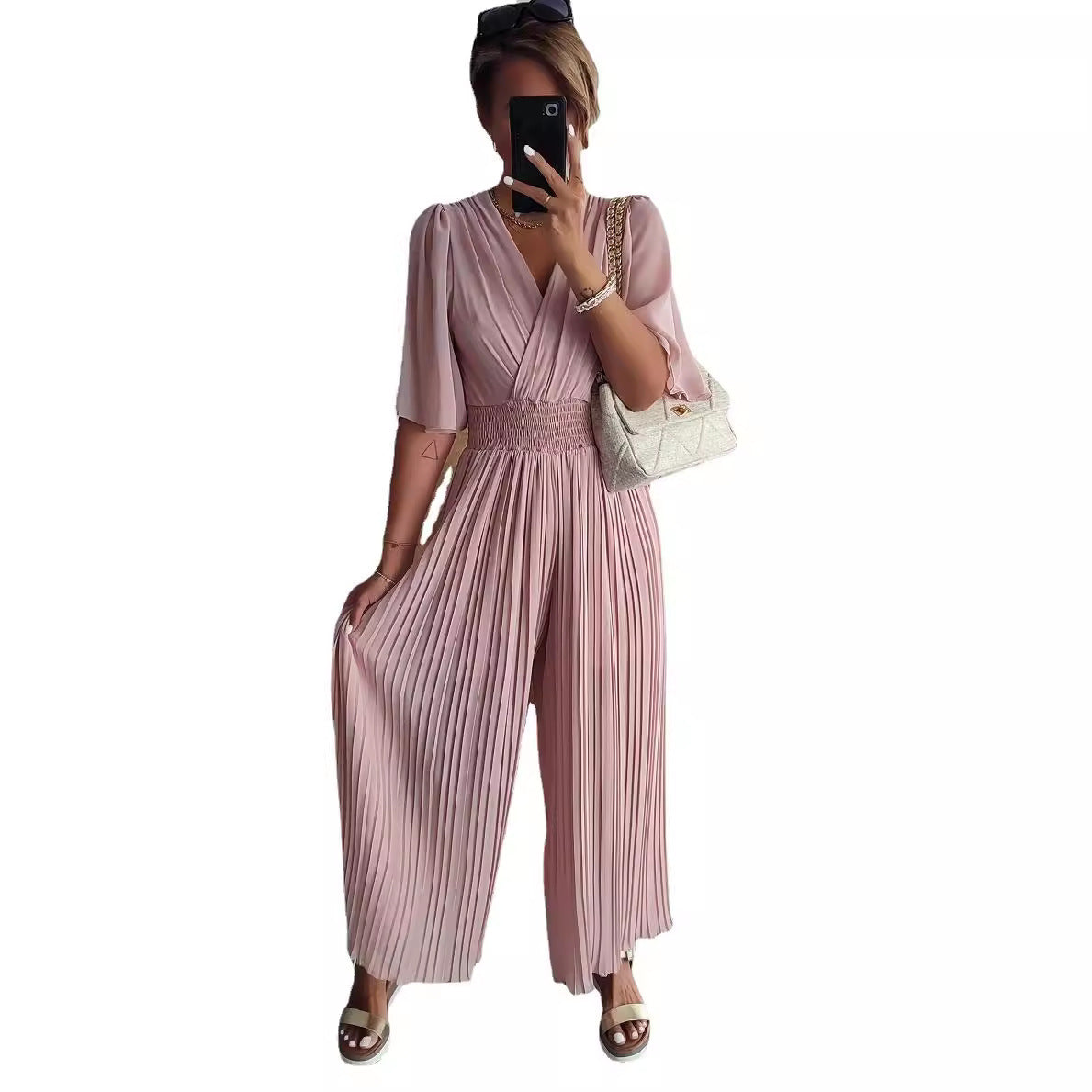 Wide Leg Pants V-neck Fitted Waist Jumpsuit Women's Wear Wish Independent Station Summer Hot