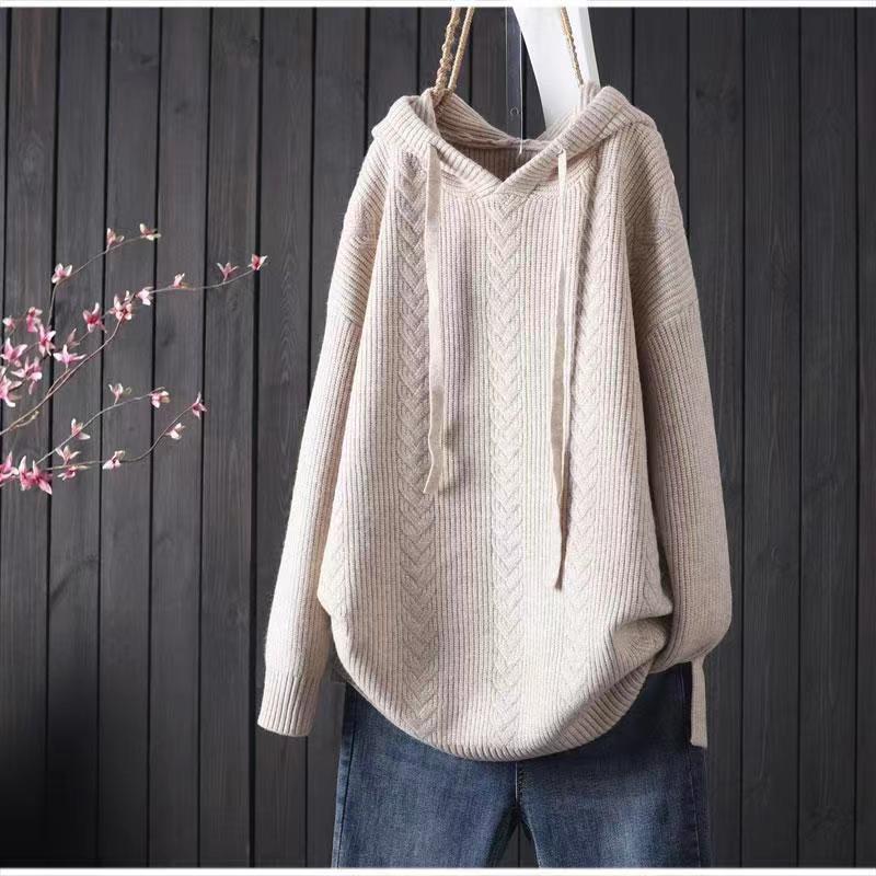 Solid Color Hooded Lacing Mid-length Knitwear Sweater
