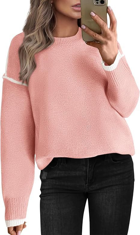 Women's Knitted Sweater With Round Neck Multicolor Cuffs