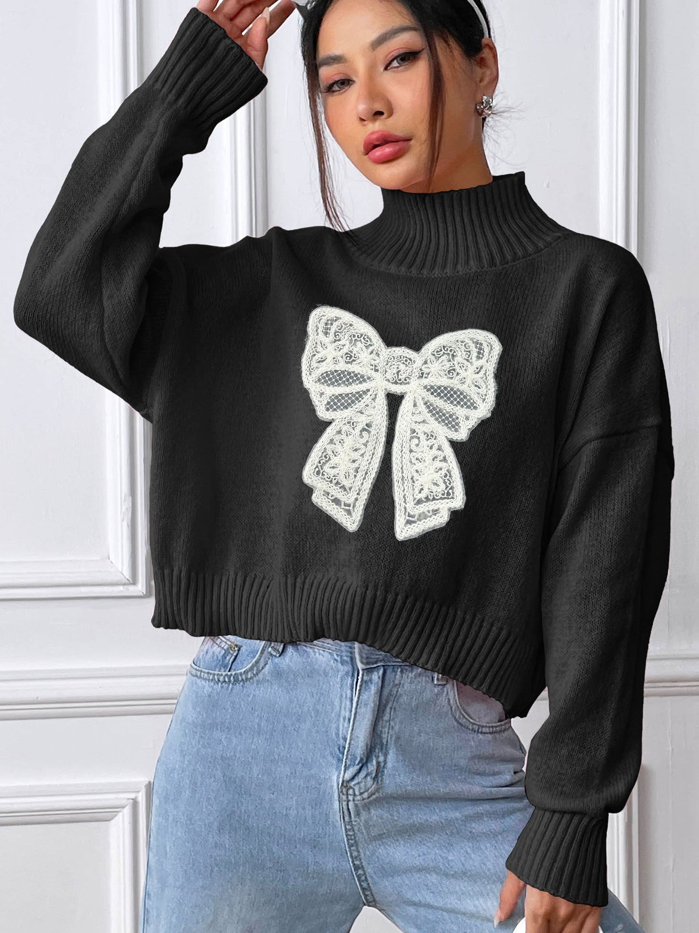 Women's Short Top Turtleneck Pullover Bow