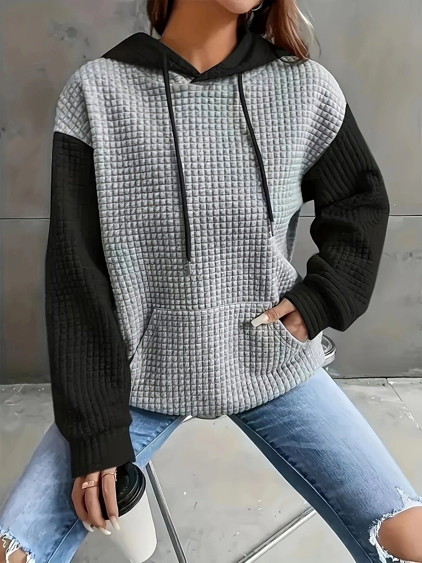 Casual Loose Stitching Color Block Pullover Hoodie