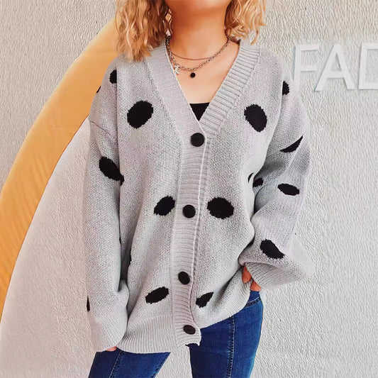 Big Dot Jacquard Knitted Cardigan V-neck Coat Women