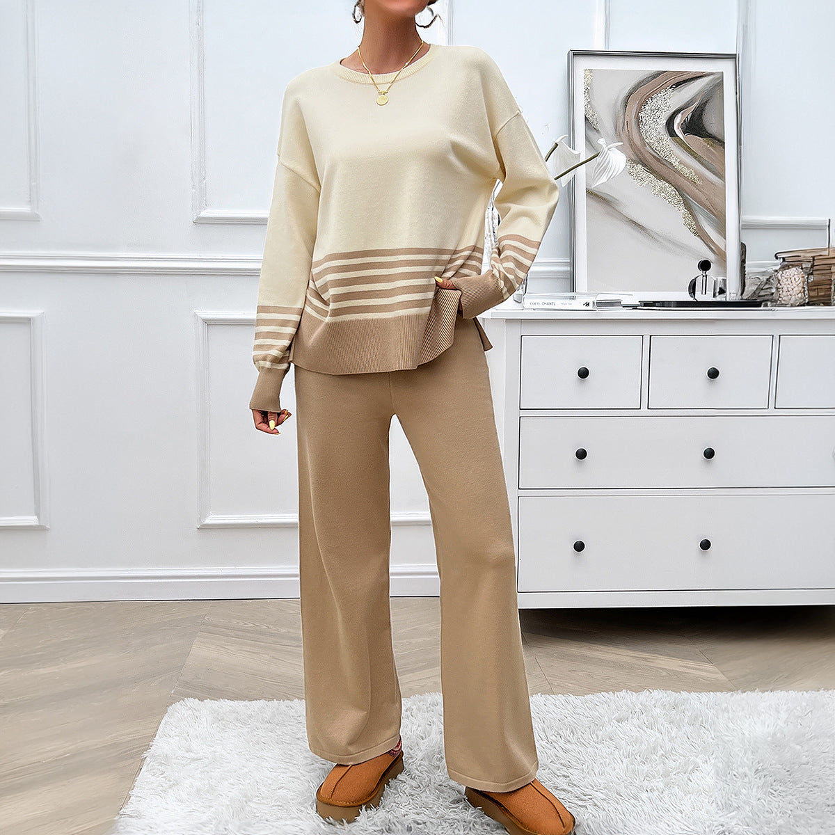 Contrast Color Straight-leg Trousers Sweater Suit