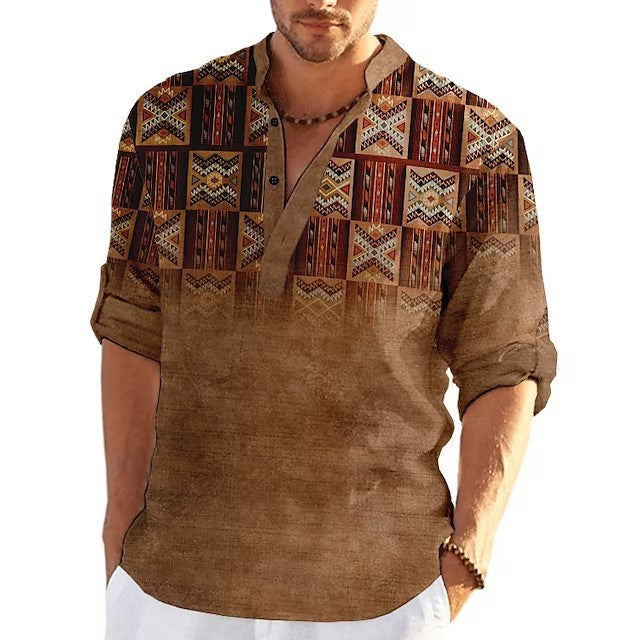 Simple Printed Stand Collar Men's Casual Shirt