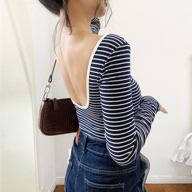 Summer Long-sleeved Striped T-shirt Women's Low Collar Beauty Back Knitted