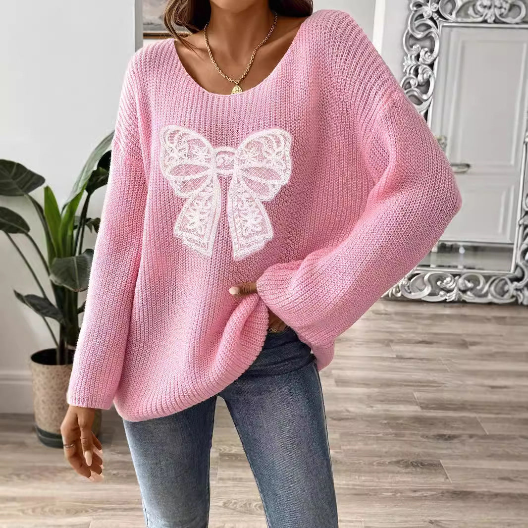 Bow Embroidery Patch Women's Pullover