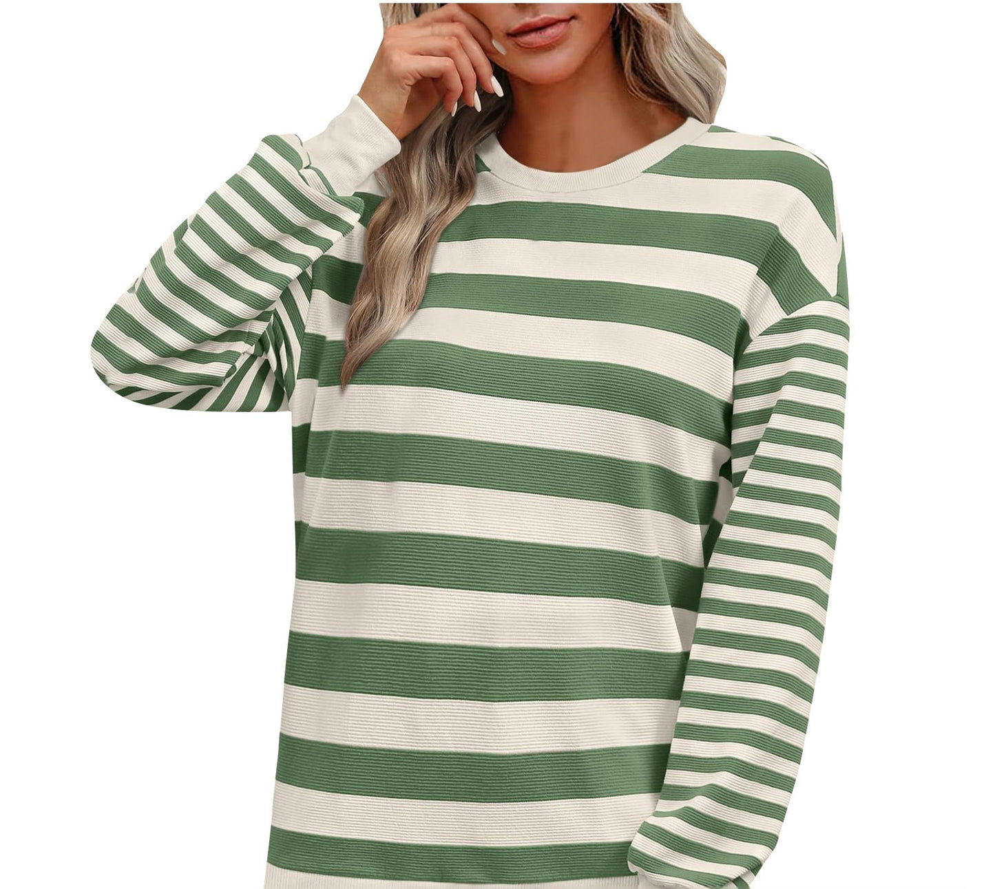 Striped Round Neck Contrast Color Loose Long Sleeve Sweatershirt Women