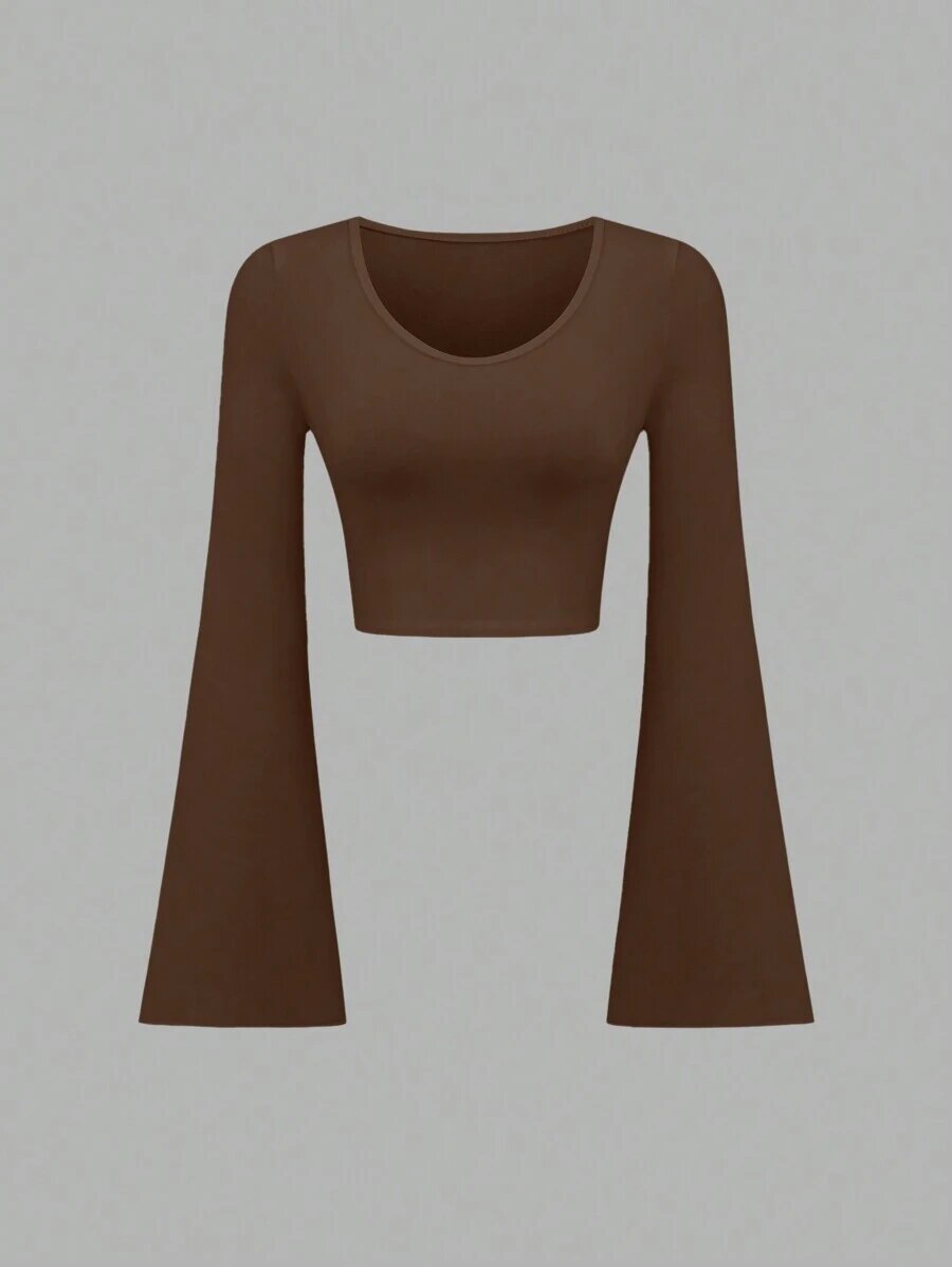 Fashion Solid Color Scoop Bell Sleeve Short Slim Fit Slimming T-shirt