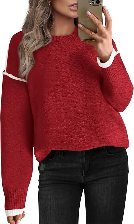 Women's Knitted Sweater With Round Neck Multicolor Cuffs