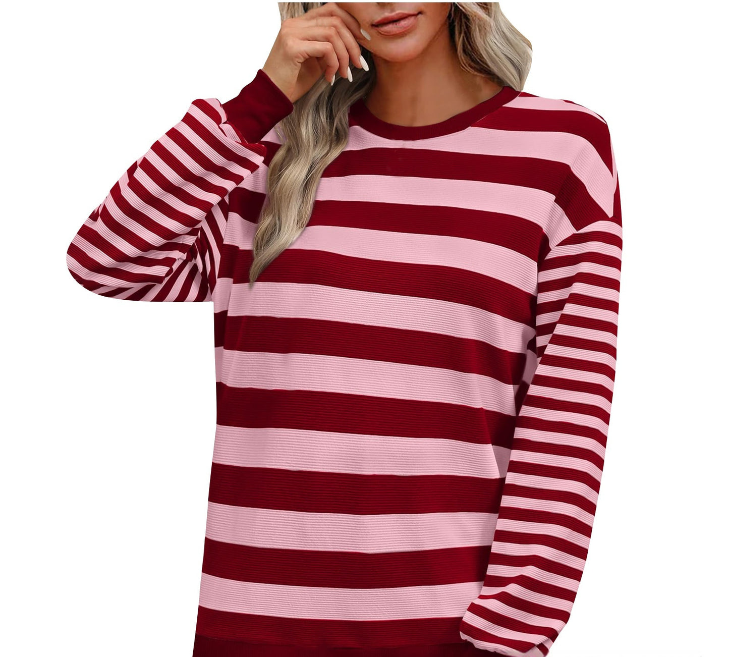 Striped Round Neck Contrast Color Loose Long Sleeve Sweatershirt Women