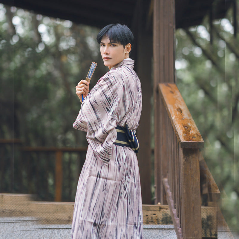 Men's Traditional Warrior Baby Rompers Formal Wear Japanese Kimono Not Wrinkle Material Four Seasons Wood Texture