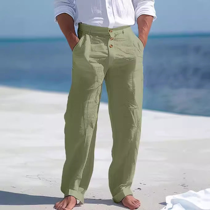 Front Pocket Straight Pure Color Comfort Breathable Men's Linen Pants Trousers