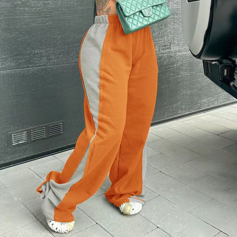 Women's Elastic Waist Colorblock All-matching Straight Wide Leg Sweatpants