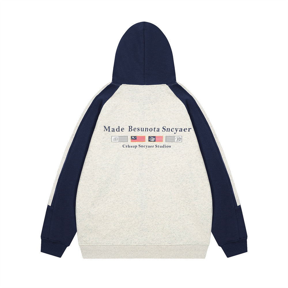 Patchwork Contrast Color Raglan Hooded Sweater Street Fashion American Retro Men
