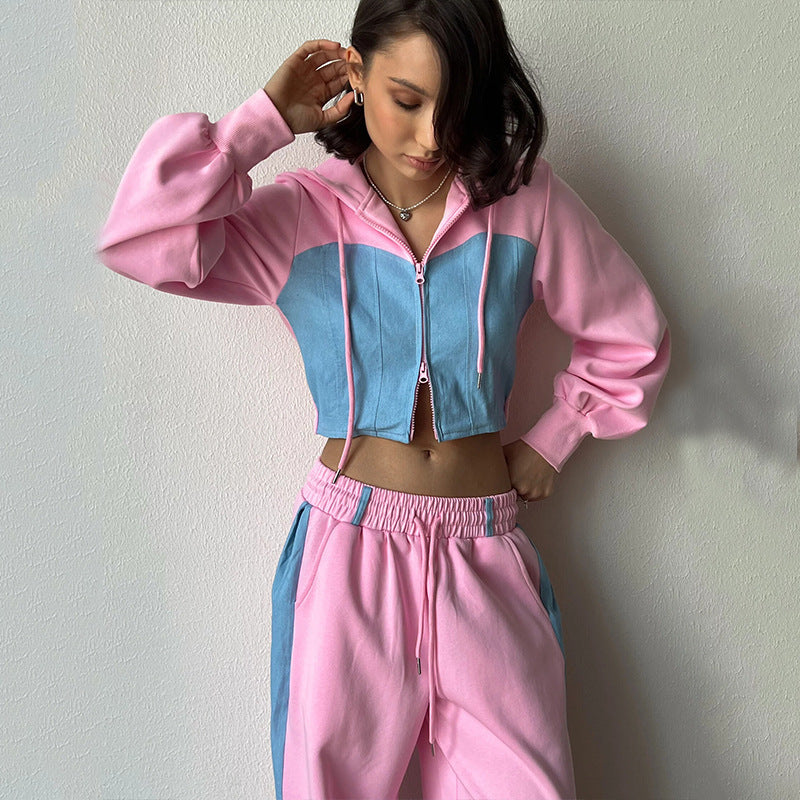 Casual Contrast Color Long Sleeve Color Matching Cardigan Cap Sweatpants Two-piece Set