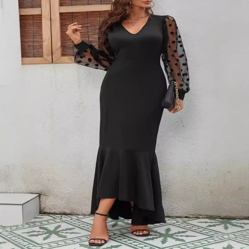 Ladies New Plus Size Sleeve Elegant Dot Mesh Stitching Elastic Hip Skirt