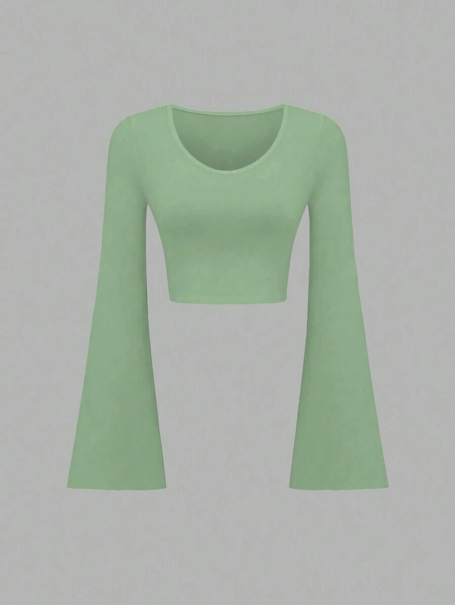 Fashion Solid Color Scoop Bell Sleeve Short Slim Fit Slimming T-shirt