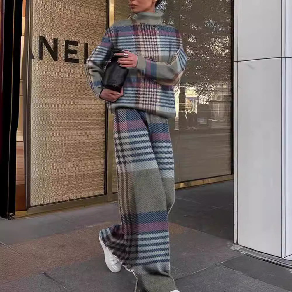 Women's Fashion Printed Loose High Collar Long-sleeved Two-piece Suit
