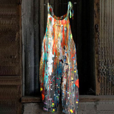 Women's Printed Street Hipster Fashion Multi-color Cotton And Linen Suspender Jumpsuit
