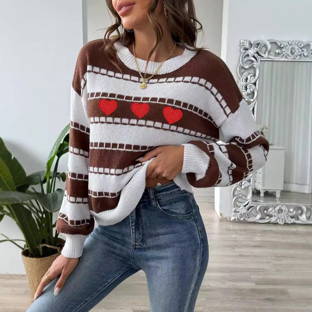 Women's Sweater Bottoming Shirt Color Contrast Patchwork Stripes